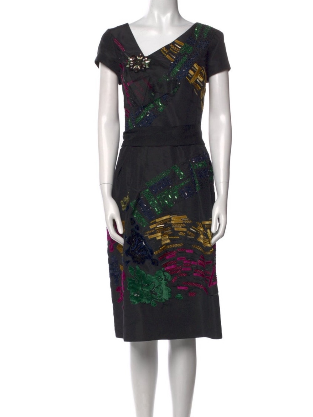 Oscar de la Renta Black Midi Dress with Multicolor Sequin Embroidery - Picture 6 of 14